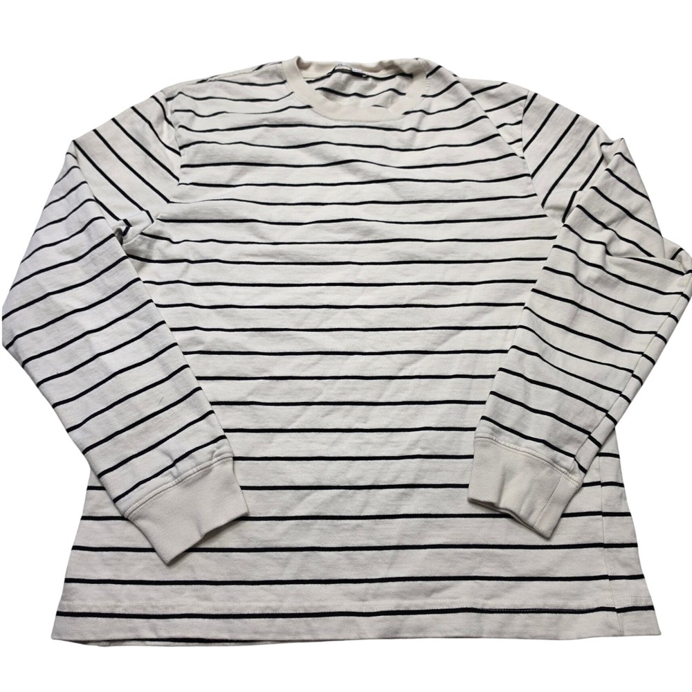 Zara Womens Medium Cream Black Striped Long Sleeve Cotton Crewneck T-Shirt
